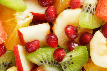 Pieces of raznfh fruit close-up in full screen, Fruit salad.