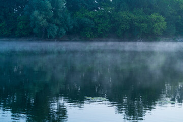 Mist and Sunrise at Loire River, La Chapelle-aux-Naux, Indre-et-Loire Department, The Loire Valley, France, Europe