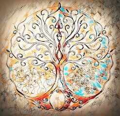 tree of life symbol on structured ornamental background, yggdrasil.