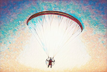 Paraglider in the air, beautiful blue sky in the background.