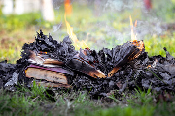 Burning books. Books burn on the fire among the ashes