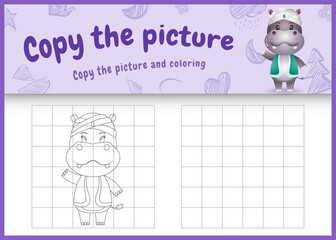 copy the picture kids game and coloring page themed ramadan with a cute hippo using arabic traditional costume