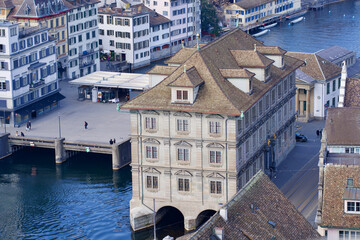 Town hall at the old town of Zurich with river limmat. Photo taken March 7th, 2021, Zurich, Switzerland.