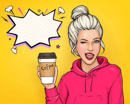 Pop art vector ad banner with winking young blonde hair woman in pink hoody holding paper coffee cup with plastic lid illustration on yellow background. Take away drink concept. Coffee shop poster.