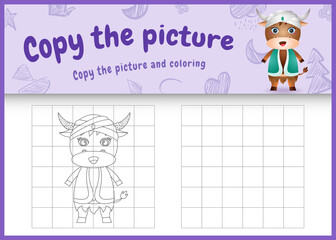 copy the picture kids game and coloring page themed ramadan with a cute buffalo using arabic traditional costume