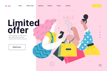 Discounts, sale, promotion - web template - cash desk - modern flat vector illustration concept of a customer and a shop assistant. Selling interaction and purchasing process. Limited offer