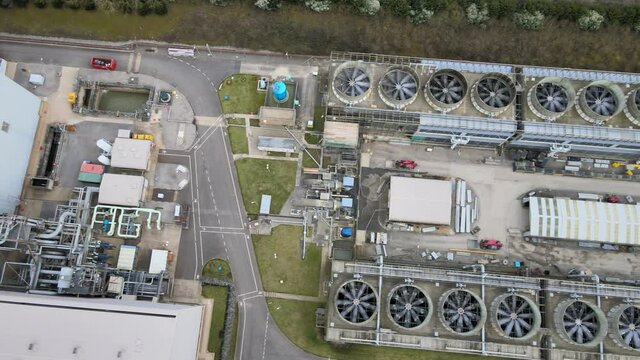 Overhead Aerial cooling fans and chimneys Little Barford Power Station St Neots UK