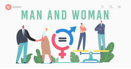 Gender Sex Equality and Balance Landing Page Template. Male and Female Business Characters Shaking Hands, Equal Salary