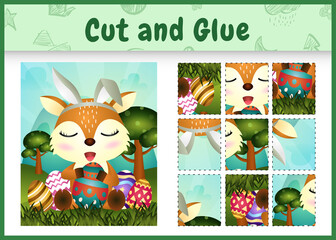 Children board game cut and glue themed easter with a cute deer using bunny ears headbands hugging eggs