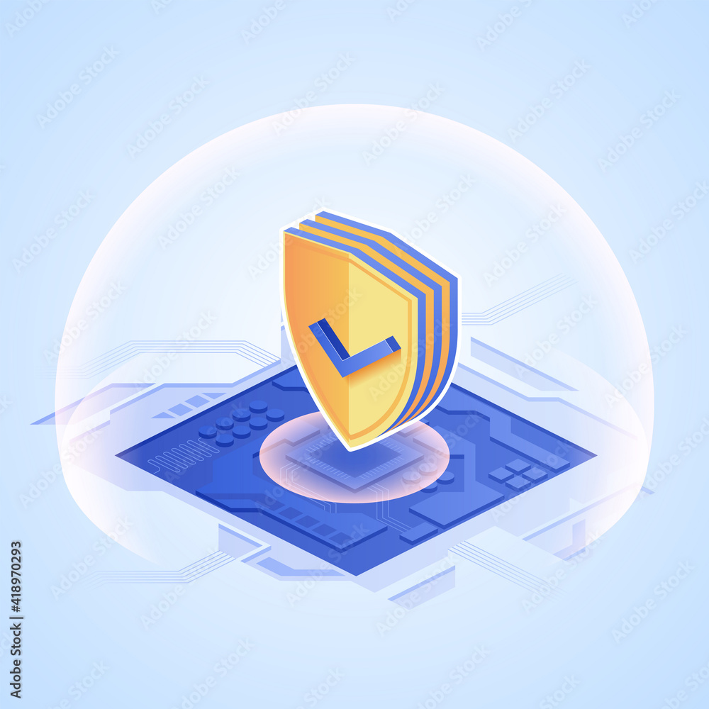 Poster digital protection concept. shield with checkmark on microchip in isometric design