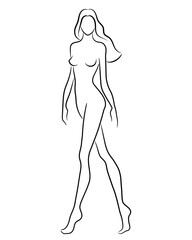 Silhouette of a beautiful nude woman, vector illustration. Female body line art. Fashion model posing. Beauty logo design element.