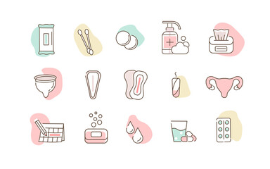 Woman Menstruation Cycle Images. Gynecological hygiene Products. Pad, Menstrual Cup, Tampons. Feminine Intimate Hygiene for Period. Flat Line Cartoon Vector Illustration and Icons Set.