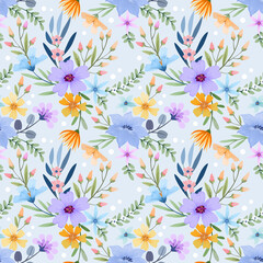 Amazing seamless floral pattern with bright colorful flowers and leaves on a light blue background.