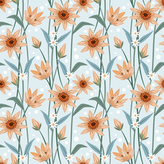 Amazing seamless floral pattern with orange flowers and leaves on a light blue background.