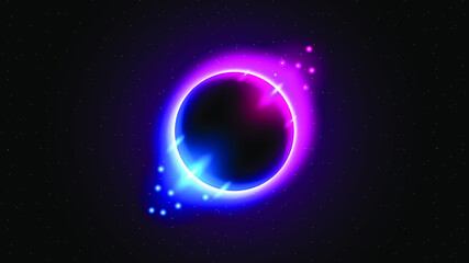 Sun Eclipse with Pink and blue Fire on Dark Background, Vector. Moon Design with Glowing Light.  Space and Science concept