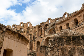 Ruined stone walls of the Amphitheatre of El Jem, Tunisia.