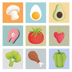 nine healthy food set icons
