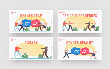 Fototapeta premium Gender Team Rivalry, Office Superheroes Fight Landing Page Template Set. Male Female Business Characters Tug of War