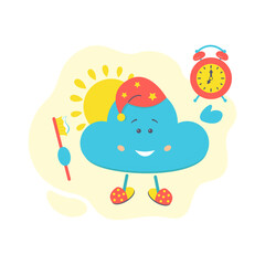 Cloud character with toothbrush, sun and alarm clock. Good morning concept. For illustrating children's products, books. Stock vector illustration. 