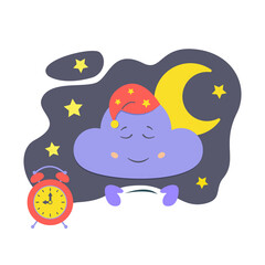 Character sleeping cloud in the night sky, moon and alarm clock. It's time to go to bed concept. For illustrating children's products, books. Stock vector illustration. 