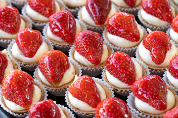 Strawberry petits fours or tartlets. Close up