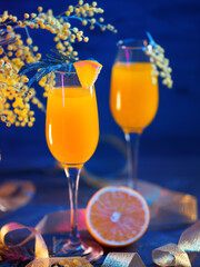 Festive cocktail mimosa in glasses, blooming mimosa branches, blue bright fountain