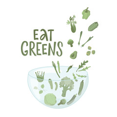 Eat greens sign with green vegetables boho colors. Handwritten lettering fresh font for print, packaging design, window sticker shop, poster. Vector stock illustration isolated on white background.EPS