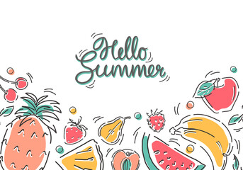 Background with tropical fruits and calligraphy. Hello summer. Hand-drawn abstract banner. Vector.