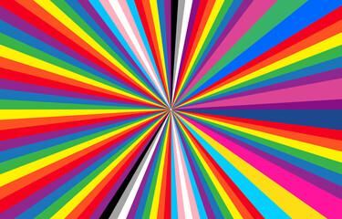 Vibrant rainbow Sunburst Background. LGBTQ flag Ray star burst backdrop. Vector Illustration