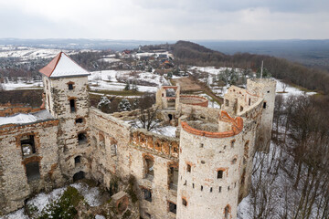 Fototapeta na wymiar Aerial view of Tenczyn castle. Historic castle and building museum. Winter time in Poland.