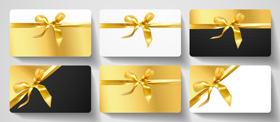 Gift card design collection. Blank template with gold ribbon, bow on luxury golden, black and white background with stars. Holiday vector set for gift certificate, voucher, shopping card