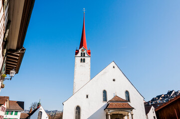 Bremgarten, Stadtkirche, St. Nikolaus, Altstadt, Reuss, Fluss, Altstadthäuser, Reusstal, Aargau, Frühling, Schweiz