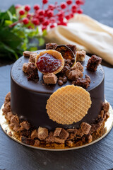 Special day cake with banana, raspberry and chocolate. Birthday cake