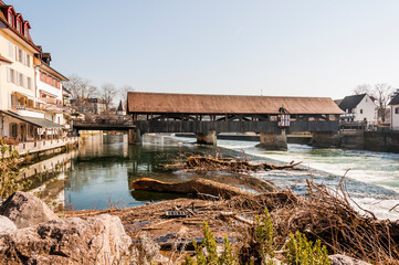 Bremgarten, Reuss, Reussbrücke, Holzbrücke, Altstadt, Altstadthäuser, Fluss, Reusstal,...