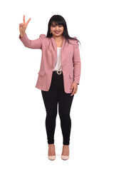 full portrait of a happy woman with finger on sign v  white background