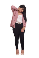  full portrait of a woman with nape pain on white background