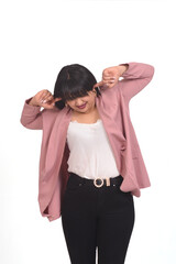  woman ear ache from noise on white background