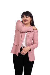woman with pain on elbow on white background