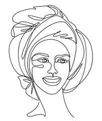 Silhouettes of the head of a girl in a turban, scarf. Woman face in modern one line style. Solid line, aesthetic outline for decor, posters, stickers, logo. Vector illustration.