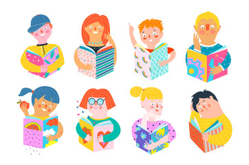 Different abstract people reading books happy smiling. Colorful pop art men and women characters cartoon hand drawn in paper cut modern style. Vector contemporary design.