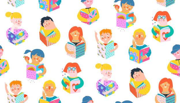 People or children reading studying books, colorful collage or paper cut style seamless pattern. Lifestyle reading hobby seamless background, modern simple vector design.