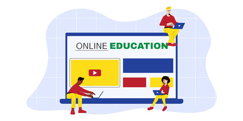 Online education at home concept. Diverse People studying on the laptop. Vector illustration for landing page template, flyer or banner.