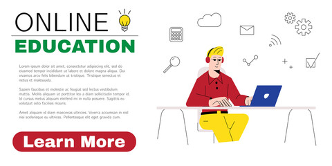 Banner for online education ad. Man taking online courses via laptop. Virtual graduation, webinar, distance learning concepts. Advertisement for web or social media. Vector illustration