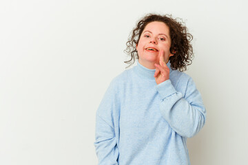 Woman with Down syndrome isolated is saying a secret hot braking news and looking aside