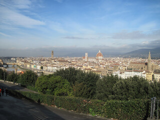 Panoramic Florence cityscape. View of the River Arno in the morning. Scenic landscape with Ponte Vecchio. Travel to European Union. UNESCO World Heritage Site.