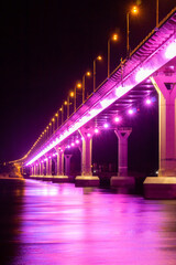 Fototapeta na wymiar Side view of colourful bridge illuminated with pink color lights at the night. Bridge stands on Volga river in Russia. Pink light is reflected in the water.