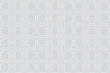 Geometric white vertical wallpaper. Background with a volumetric composition with a 3D effect of a convex shape for design, decor. Ethnic embossed pattern.