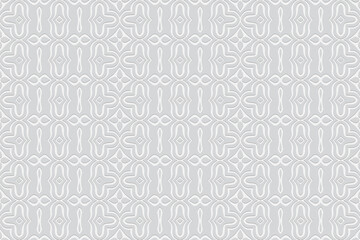 Vertical trendy white wallpaper. A background with a volumetric composition with a 3D effect of a convex shape. Embossed ethnic pattern in the style of minimalism.