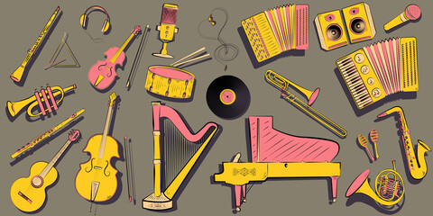 Musical instruments - colorful flat design style objects