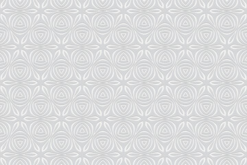 Fototapeta premium Geometric white wallpaper with abstract ovals and triangles. Background with volumetric composition with 3D effect of convex shape. Ethnic relief pattern in African style.